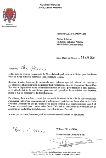 couurier réponse maire piste cyclables temporaires