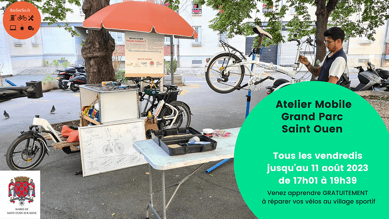 L'atelier solidaire se déplace et vient vers vous, au Grand Parc des docks de Saint Ouen venez nombreux avec vos vélos pour apprendre Gratuitement à les réparer.